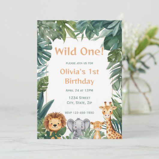 Wild One Boho Safari Jungle Animals 1st Birthday 招待状 (スタンド正面)