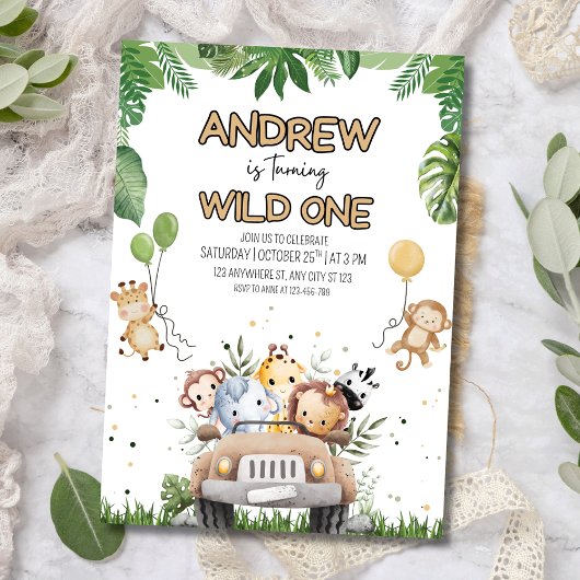 Wild One Boy's 1th Birthday招待状、Safari Animals 招待状