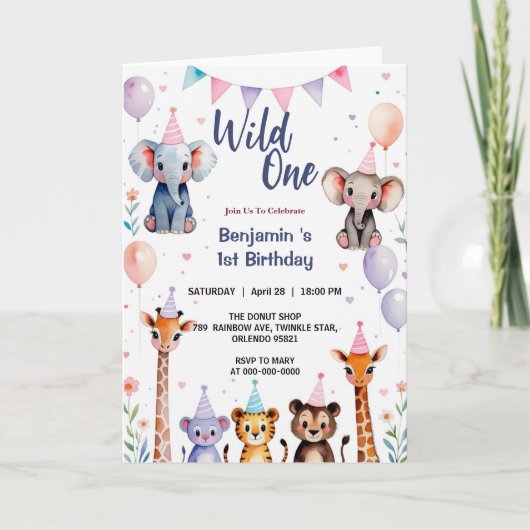 Wild One Cute Animals Balloon Boy 1st Birthday par 招待状 (正面)
