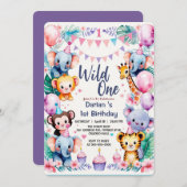 Wild One Cute Animals Balloon cupcake 1st Birthday 招待状 (正面/裏面)