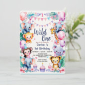 Wild One Cute Animals Balloon cupcake 1st Birthday 招待状 (スタンド正面)