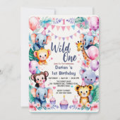 Wild One Cute Animals Balloon cupcake 1st Birthday 招待状 (正面)
