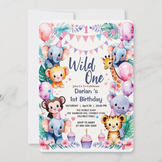 Wild One Cute Animals Balloon cupcake 1st Birthday 招待状 (正面)