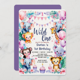 Wild One Cute Animals Balloon cupcake 1st Birthday 招待状