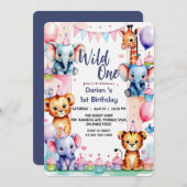 Wild One Cute Animals Balloon cupcake 1st Birthday 招待状 (正面/裏面)