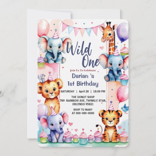 Wild One Cute Animals Balloon cupcake 1st Birthday 招待状 (正面)