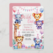 Wild One Cute Animals Balloon cupcake 1st Birthday 招待状 (正面/裏面)