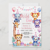 Wild One Cute Animals Balloon cupcake 1st Birthday 招待状 (正面)