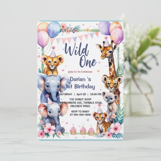Wild One Cute Animals Balloon cupcake 1st Birthday 招待状 (スタンド正面)