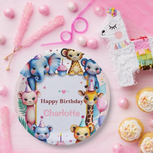 Wild One Cute Animals Balloon girls Birthday ペーパープレート (パーティー)