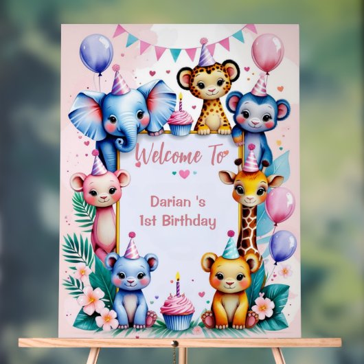 Wild One Cute Animals Balloon kids 1st Birthday アクリルサイン (ニュートラル)