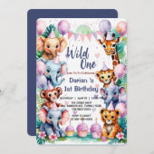 Wild One Cute Animals Balloon kids 1st Birthday 招待状 (正面/裏面)