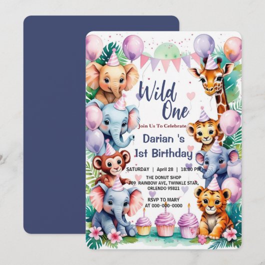 Wild One Cute Animals Balloon kids 1st Birthday 招待状 (正面/裏面)