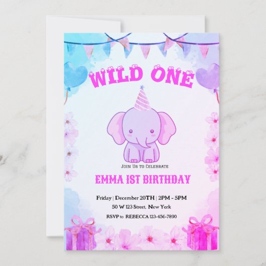 Wild One Cute Elephant 1st Birthday Invitation 招待状 (正面)