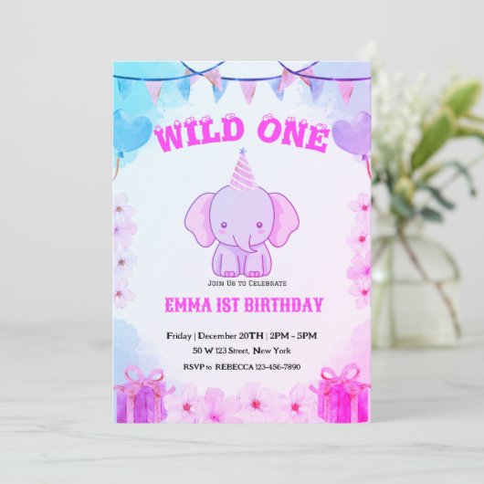 Wild One Cute Elephant 1st Birthday Invitation 招待状 (スタンド正面)