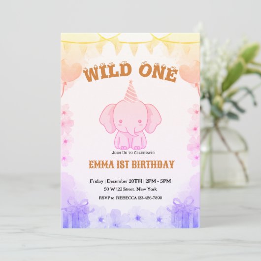 Wild One Cute Elephant 1st Birthday Invitation 招待状 (スタンド正面)