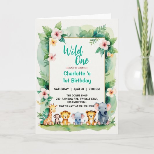 Wild One Cute Jungle Animal Child's 1st Birthday  招待状 (正面)