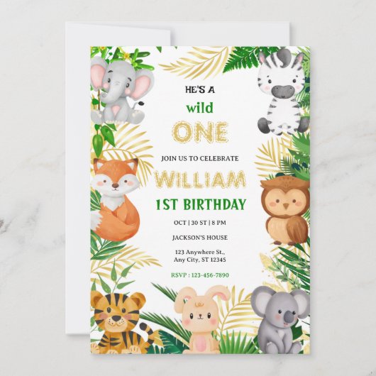 Wild One Cute Jungle Animal Child's 1st Birthday  招待状 (正面)