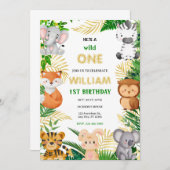 Wild One Cute Jungle Animal Child's 1st Birthday  招待状 (正面/裏面)