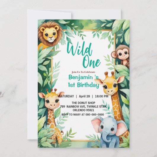 Wild One Cute Jungle Animal Child's 1st Birthday  招待状 (正面)