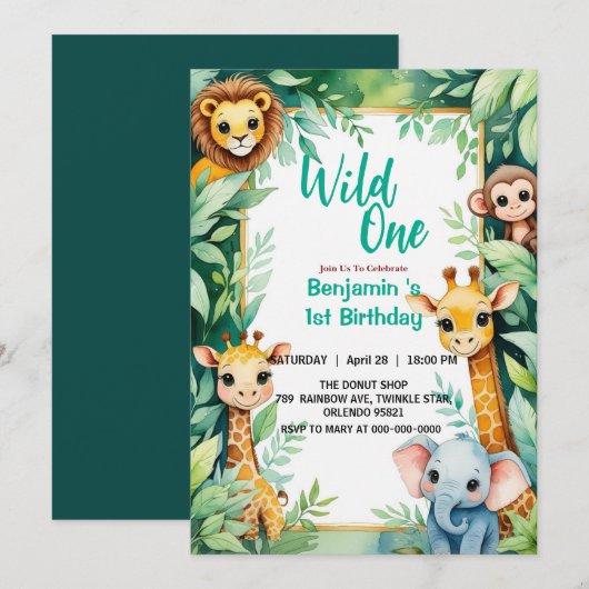 Wild One Cute Jungle Animal Child's 1st Birthday  招待状 (正面/裏面)
