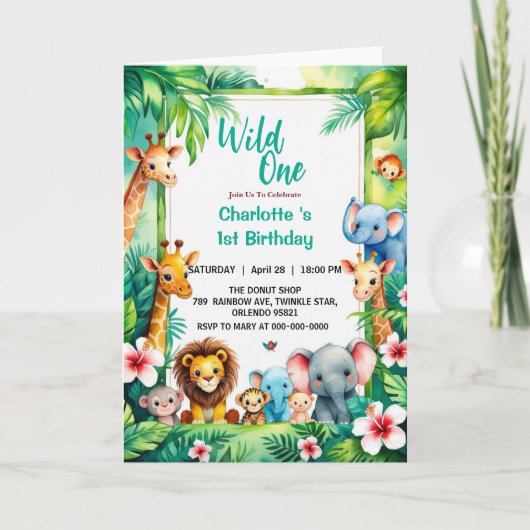 Wild One Cute Jungle Animal Child's 1st Birthday  招待状 (正面)