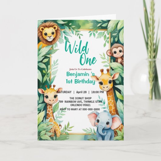 Wild One Cute Jungle Animal Child's 1st Birthday  招待状 (正面)