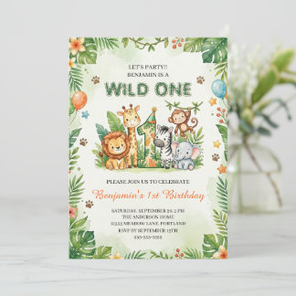 Wild One Cute Jungle Animals Kids 1st Birthday  招待状