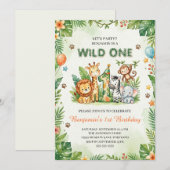 Wild One Cute Jungle Animals Kids 1st Birthday  招待状 (正面/裏面)
