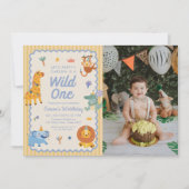 Wild One Cute Safari Animals 1st Birthday Photo 招待状 (正面)