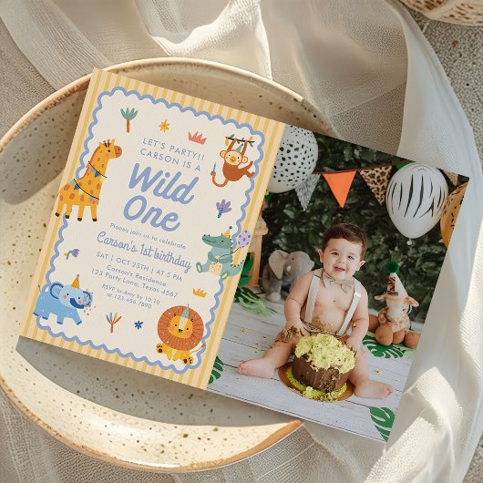 Wild One Cute Safari Animals 1st Birthday Photo 招待状