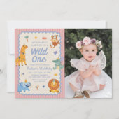 Wild One Cute Safari Animals 1st Birthday Photo 招待状 (正面)