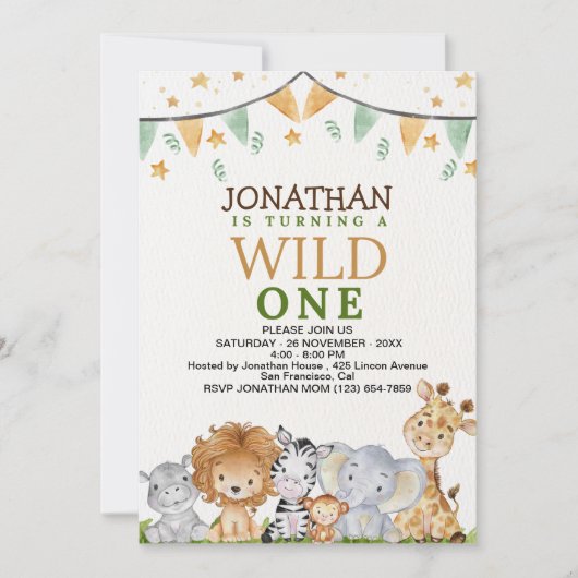 Wild One Cute Safari Animals Birthday 招待状 (正面)