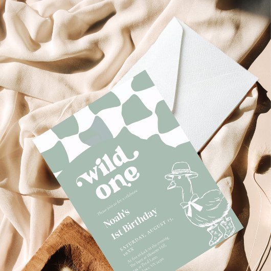 Wild One Dapper Duck 1st Birthday- sage green 招待状