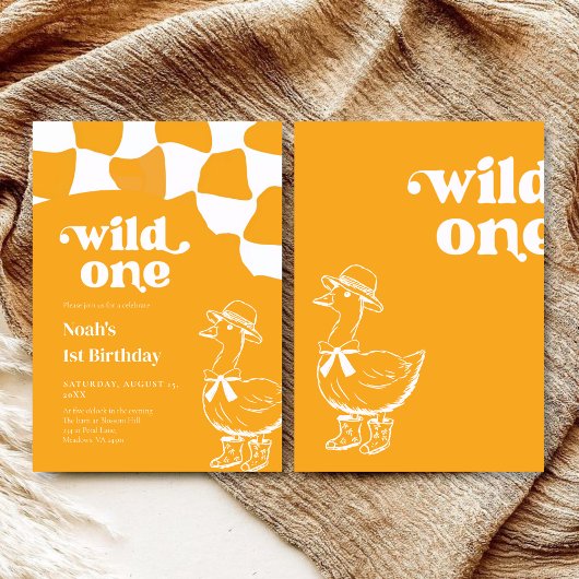 Wild One Dapper Duck 1st Birthday- yellow retro 招待状