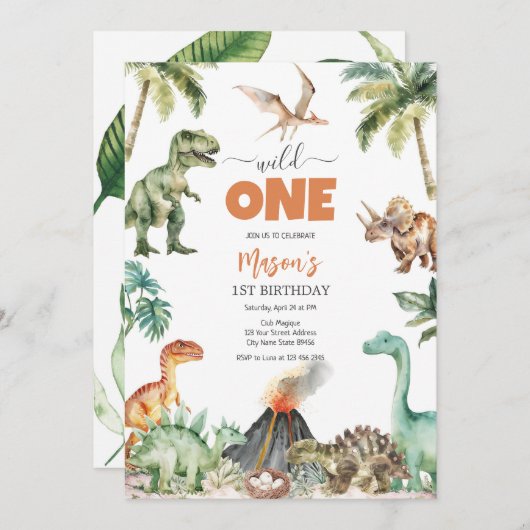 Wild One Dinosaur Kids 1st Birthday Invitatio 招待状 (正面/裏面)
