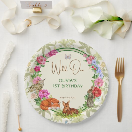 Wild One Forest Friends Floral Birthday ペーパープレート (ウェディング)