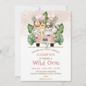 Wild One Girl 1st Birthday Jungle Safari Animals 招待状 (正面)