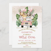 Wild One Girl 1st Birthday Jungle Safari Animals 招待状 (正面/裏面)