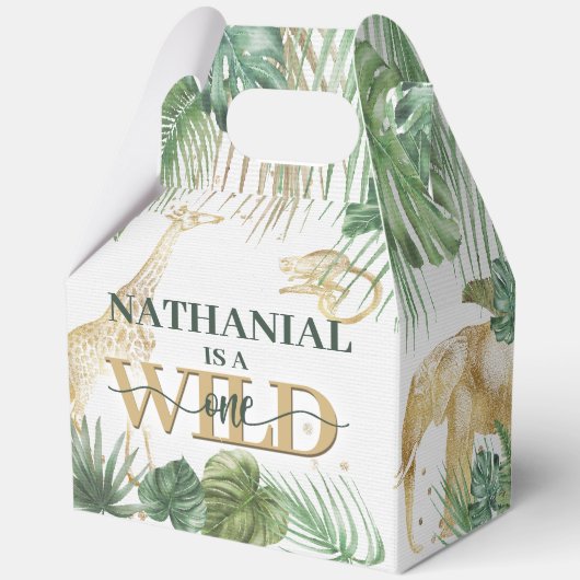 🌿🦁 Wild One Gold Green Birthday Favour Boxes フェイバーボックス (正面)