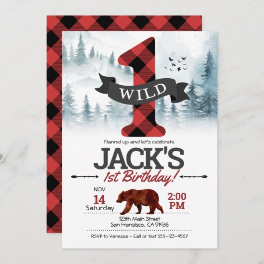 Wild One Invitation, Lumberjack First誕生日 招待状 (正面/裏面)