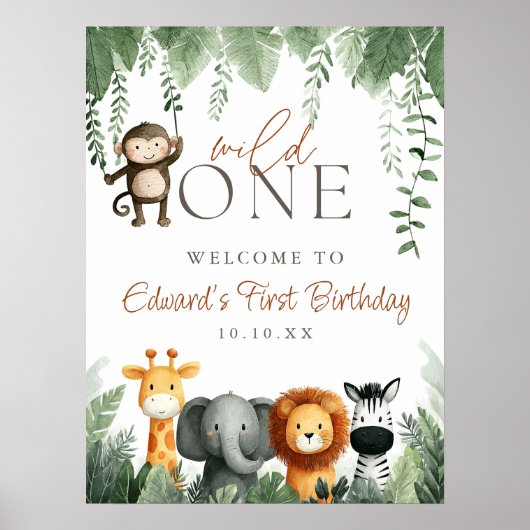 Wild One Jungle 1st Birthday Welcome Sign ポスター (正面)