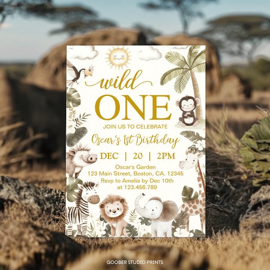 Wild One Jungle Animals 1st Birthday Party 招待状