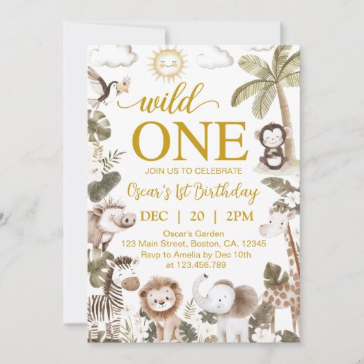 Wild One Jungle Animals 1st Birthday Party 招待状 (正面)