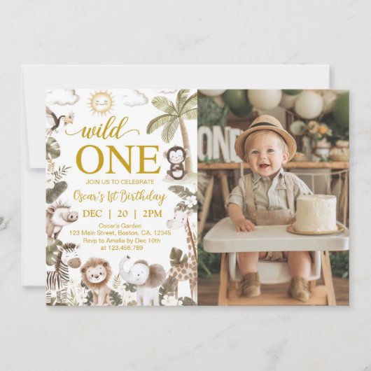 Wild One Jungle Animals 1st Birthday Party Photo 招待状 (正面)