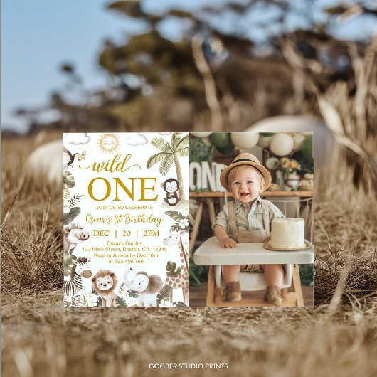 Wild One Jungle Animals 1st Birthday Party Photo 招待状
