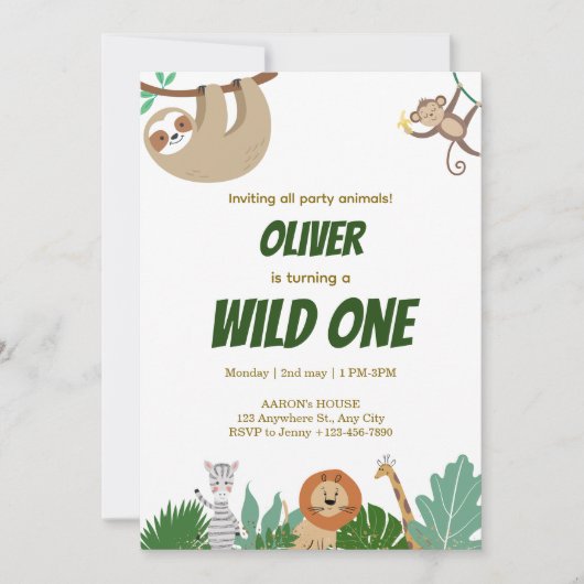Wild One Jungle Animals Birthday Party Design シーズンカード (正面)