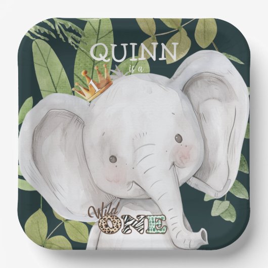 Wild One Jungle Animals Safari 1st Birthday ペーパープレート (正面)