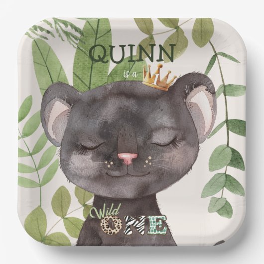 Wild One Jungle Animals Safari 1st Birthday ペーパープレート (正面)