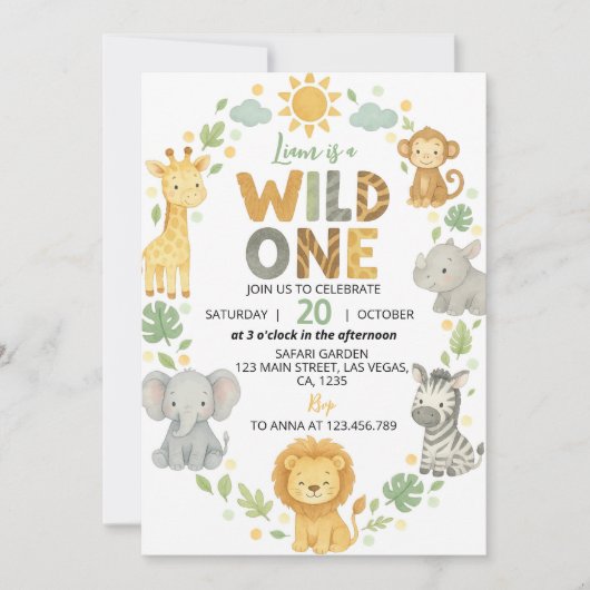 Wild One Jungle Animals Safari 1st Birthday 招待状 (正面)